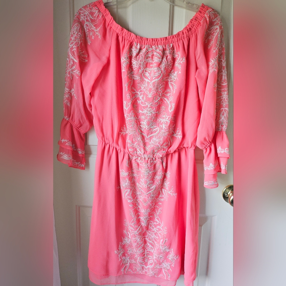 White House Black Market Coral Dress with White Embroidery